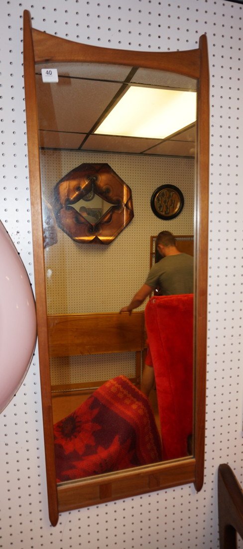 Danish Wall Mirror. Teak Modernist Mirror with Bo: Danish Wall Mirror. Teak Modernist Mirror with Bowed top. -- Dimensions: H: 49 inches: W: 17.5 inches ---