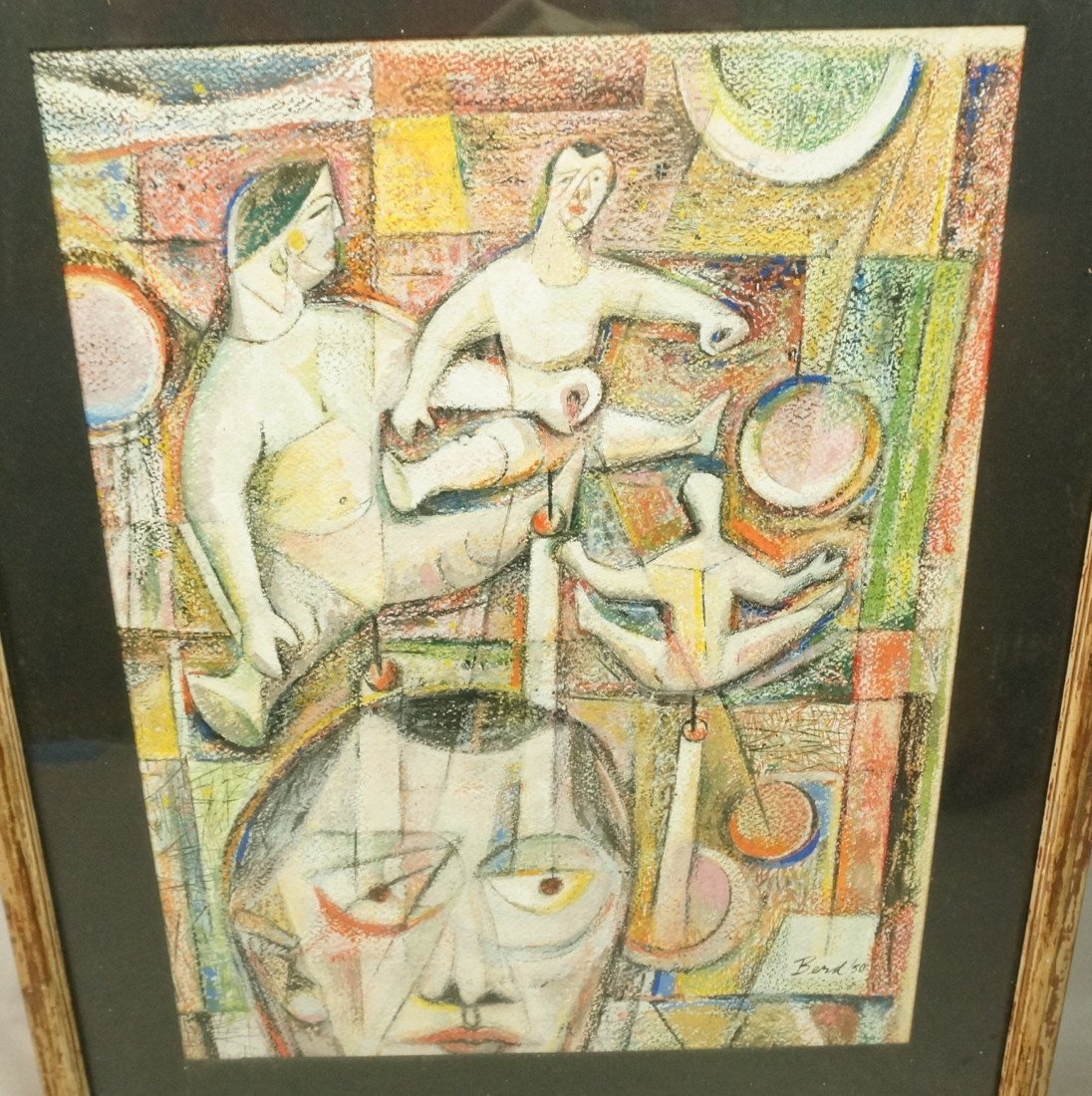 BERD Modernist Abstract Pastel Drawing. Acrobatic: BERD Modernist Abstract Pastel Drawing. Acrobatic Figures with suspended balls. Signed & dated '50.-- Dimensions: Image Size: H: 18 inches: W: 14.75 inches ---