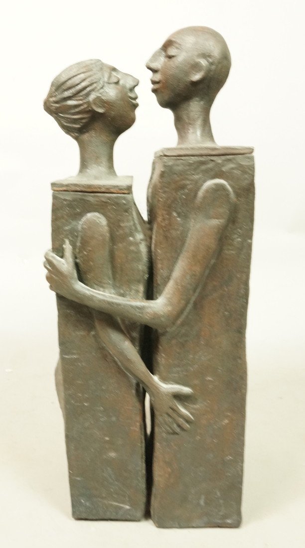Modernist Pottery Sculpture. Marked REP 80. Lidde: Modernist Pottery Sculpture. Marked REP 80. Lidded Box Sculpture of Embracing Couple. Marked on back.-- Dimensions: H: 13.5 inches: W: 7 inches: D: 6 inches ---