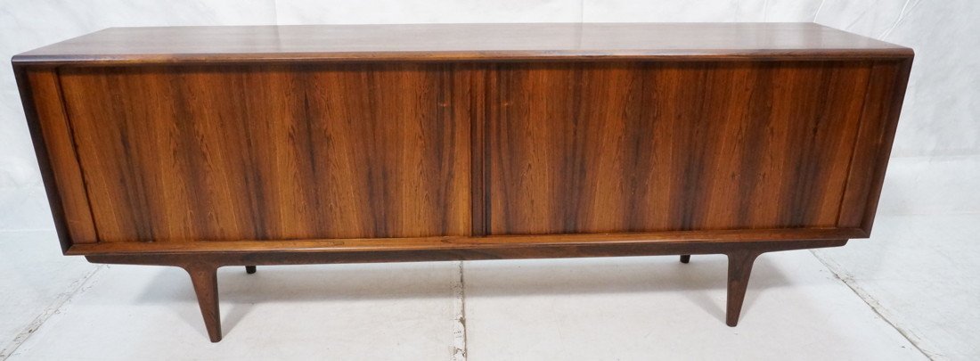 Danish Rosewood BERNARD & SONS Two Tambour Door C: Danish Rosewood BERNARD & SONS Two Tambour Door Credenza Sideboard Cabinet. Raised on legs with skirt. Fitted interior. Paper label. -- Dimensions: H: 31.25 inches: D: 20 inches: L: 83 inches ---