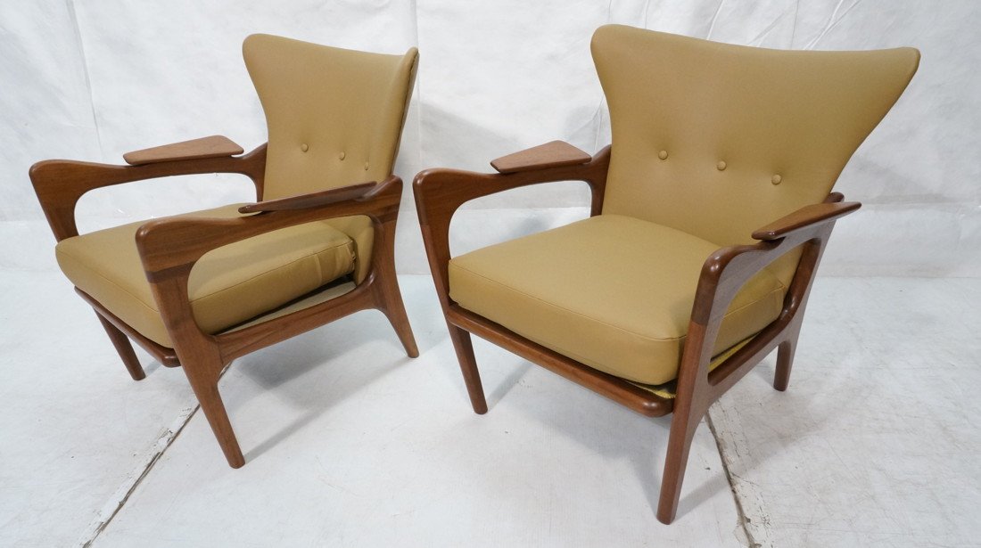 Pair Adrian Pearsall Lounge Chairs. Flared backs: Pair Adrian Pearsall Lounge Chairs. Flared backs on walnut frames. Paddle arms. Reupholstered in olive gold leather.-- Dimensions: H: 31.5 inches: W: 27.5 inches: D: 31 inches ---