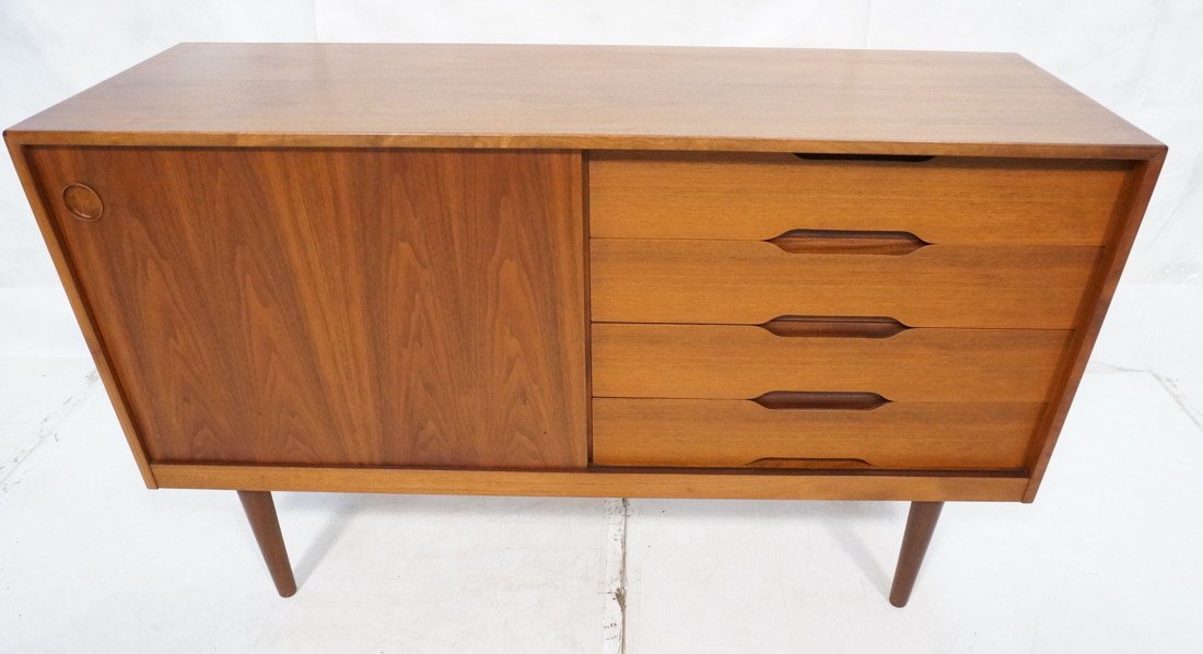 Danish Modern Server Credenza. 1 sliding door an: Danish Modern Server Credenza. 1 sliding door and drawers. Tapered peg legs.-- Dimensions: H: 31 inches: W: 50 inches: D: 17 inches ---