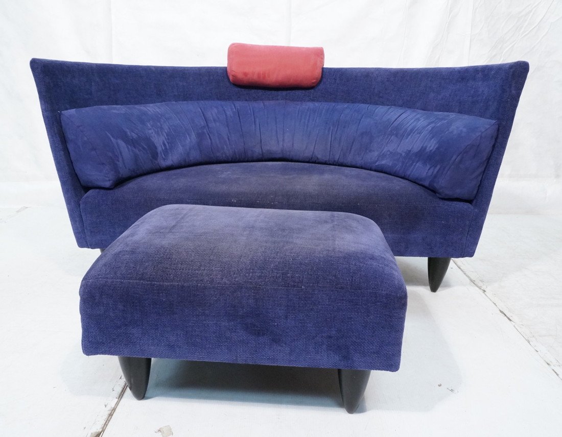 Memphis Style Love seat Sofa with Ottoman. Purp: Memphis Style Love seat Sofa with Ottoman. Purple/blue with pink head cushion. Ebonized legs.-- Dimensions: H: 38.5 inches: W: 67.75 inches: D: 34 inches ---