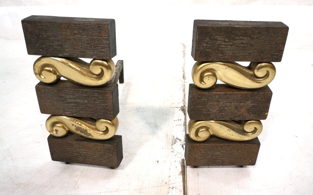 Pr DONALD DESKEY for Bennett Andirons. Brass & Iron: Pr DONALD DESKEY Andirons. Brass & Iron Stacked Design. Bennett & Flame mark. -- Dimensions: H: 11.5 inches: W: 5.5 inches: D: 18.5 inches ---