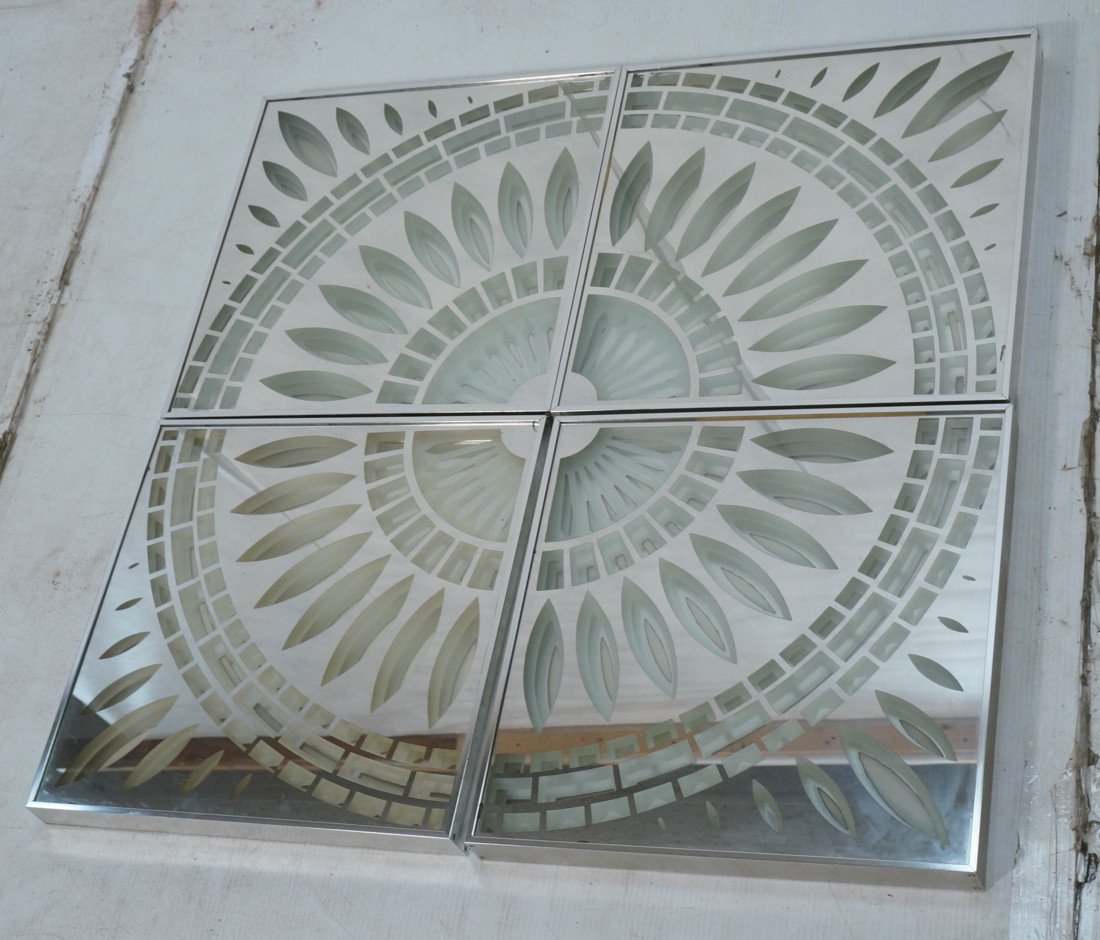 George Copeland 4 Part Wall Art. Glass mirror an: George Copeland 4 Part Wall Art. Glass mirror and metal. 3 Dimensional Each panel 18.25x18.25x1.75. Greg Copeland inc. 1973-- Dimensions: H: 36.5 inches: W: 36.5 inches ---