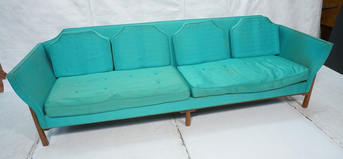 Dunbar Style Sofa Couch with Reverse Square Taper: Dunbar Style Sofa Couch with Reverse Square Tapered Legs. Unmarked. Unique frame.-- Dimensions: H: 31.5 inches: W: 104 inches: D: 32 inches ---