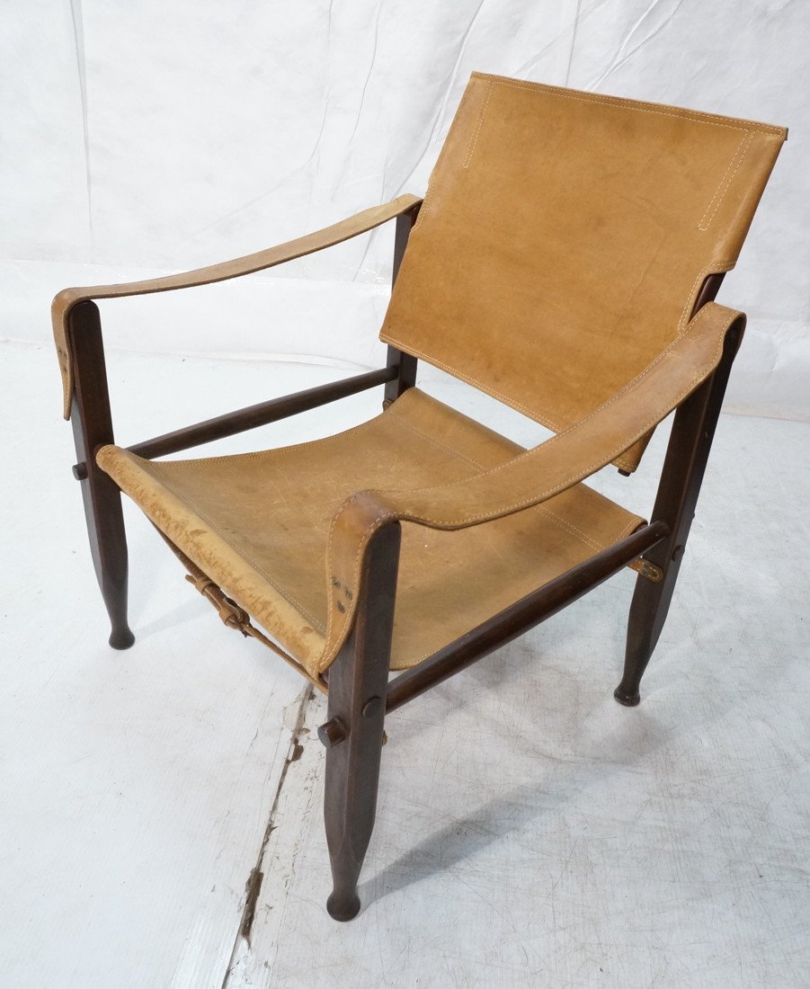 Vintage Leather & Wood Safari Chair. Sling Seat &: Vintage Leather & Wood Safari Chair. Sling Seat & Tilting Back. Labeled Safari Stool. -- Dimensions: H: 30.5 inches: W: 24 inches: D: 23.5 inches ---