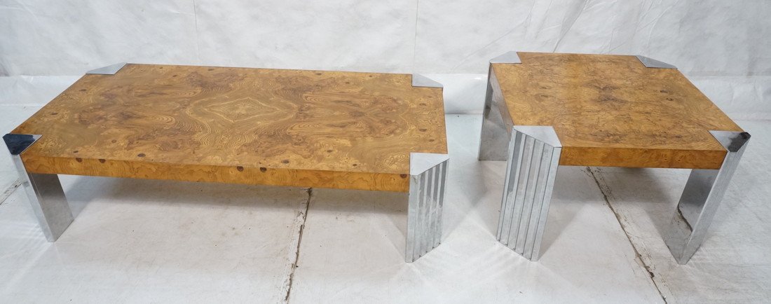 Two MILO BAUGHMAN Chrome & Burled Wood Tables. Be: Two MILO BAUGHMAN Chrome & Burled Wood Tables. Beveled chrome legs with zig zag design. Burled olive wood tops. Square end table. Rectangular coffee cocktail table. 2 pieces. Not marked.-- Dimensions: