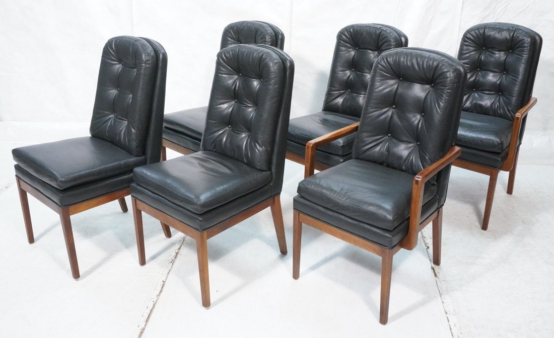 Set 6 MILO BAUGHMAN Attributed Dining Chairs. Tex: Set 6 MILO BAUGHMAN Attributed Dining Chairs. Textured Black Leather Cushions. Walnut Frames. American Modern. Two arm & 4 Side Tall Back Chairs. Not marked.-- Dimensions: H: 33.5 inches: W: 21.5 inch