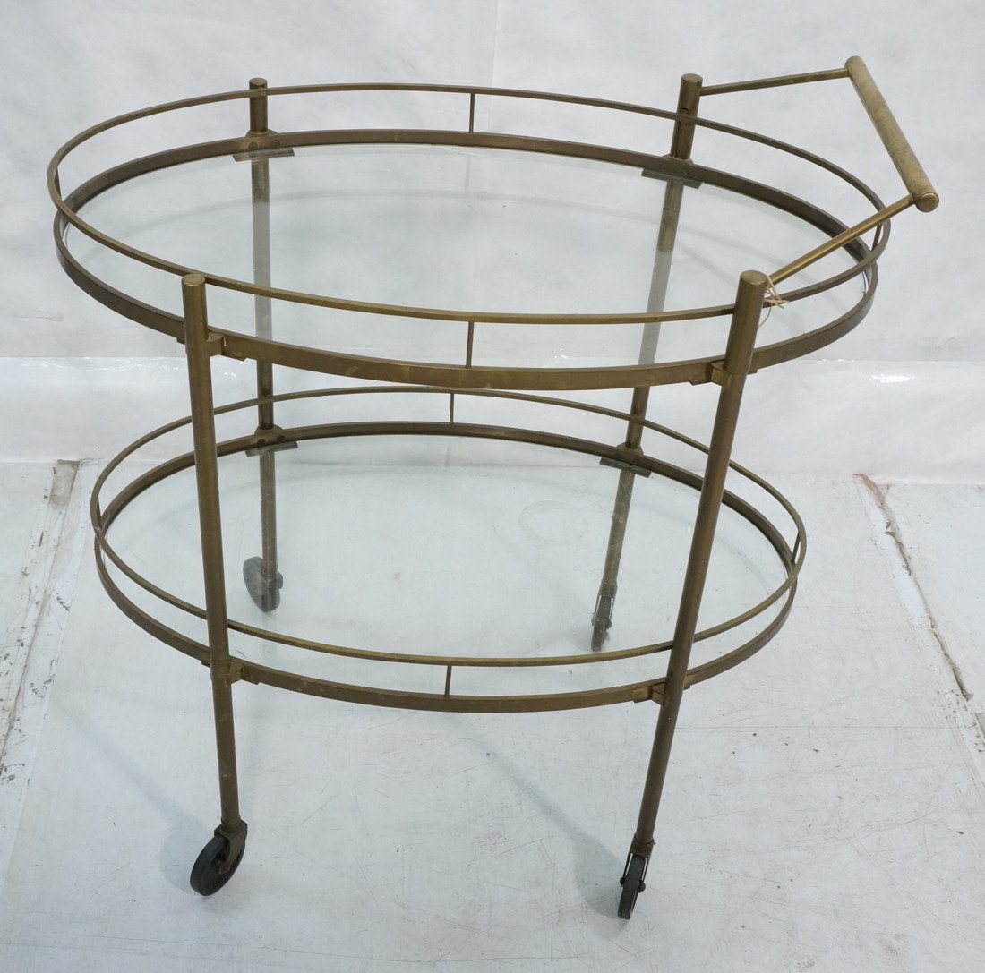 Decorator Brass & Glass Bar Cart. Inset Oval Glas: Decorator Brass & Glass Bar Cart. Inset Oval Glass. Thick Brass Construction.-- Dimensions: H: 33.5 inches: W: 30.5 inches: D: 18.5 inches ---