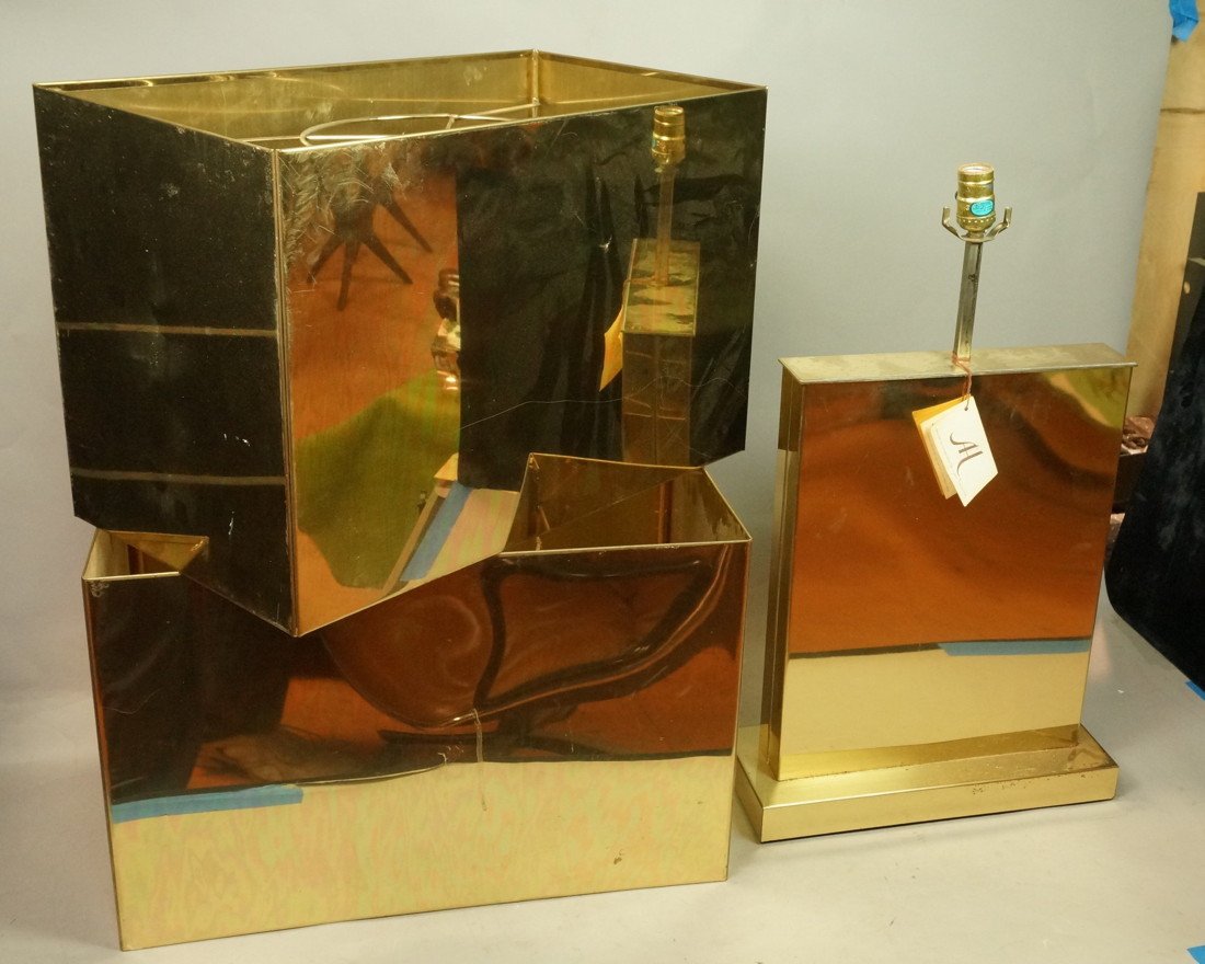 3pc C JERE Lighting Lot. Large Brass Table Lamp.: 3pc C JERE Lighting Lot. Large Brass Table Lamp. Two Brass Rectangular Shades. All signed-- Dimensions: H: 26 inches: W: 15 inches: D: 6 inches ---