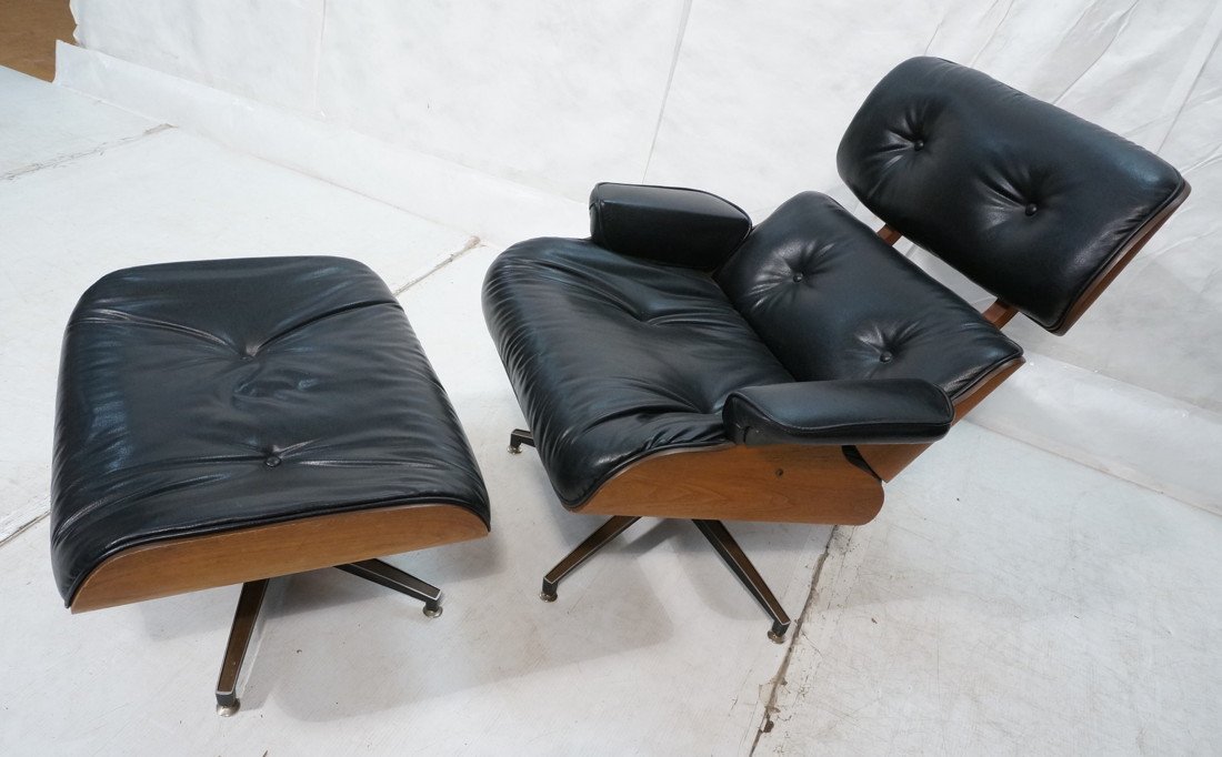EAMES style Walnut Lounge Chair & Ottoman. Black: EAMES style Walnut Lounge Chair & Ottoman. Black upholstery. Probably Plycraft; not marked-- Dimensions: H: 33.25 inches: W: 33 inches: D: 33 inches ---