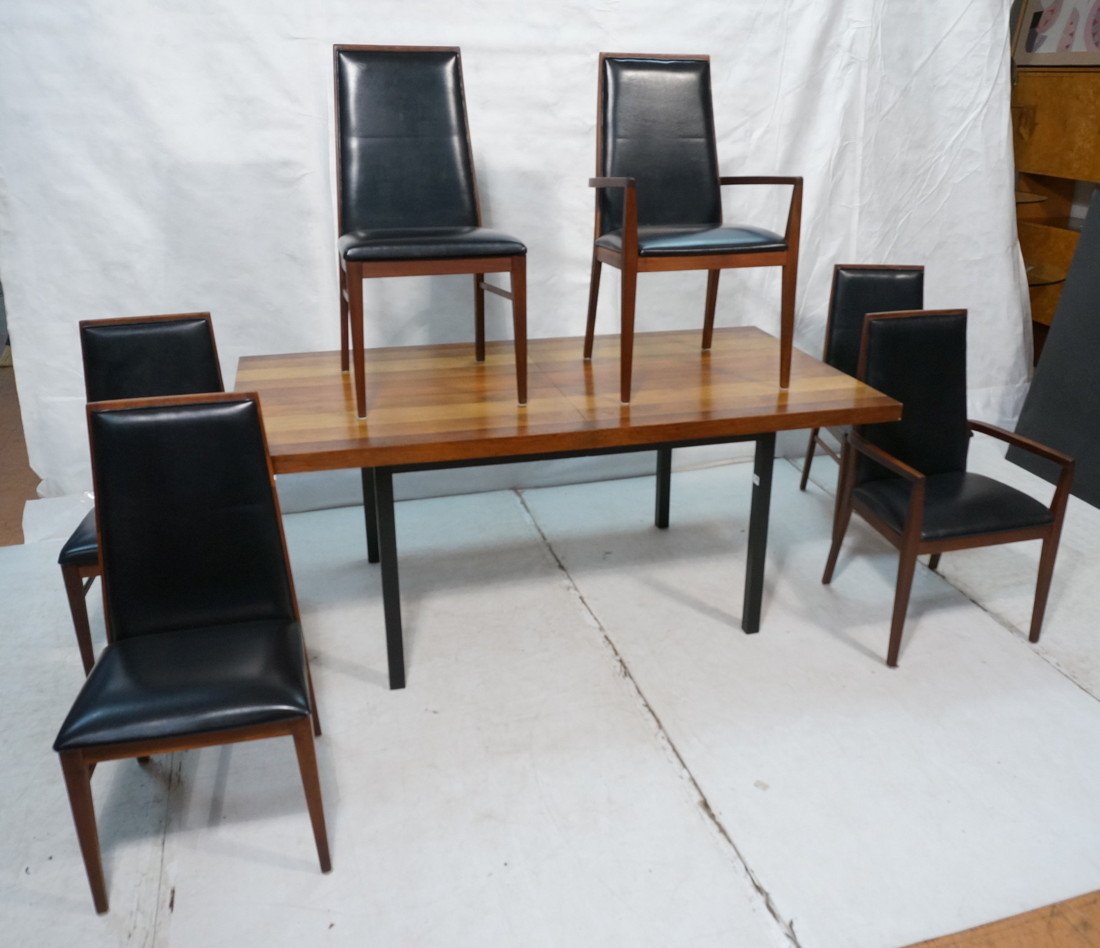 Modernist Dining Table & Six Chairs. Wide Butcher: Modernist Dining Table & Six Chairs. Wide Butcher block mixed wood top. Two 17.75" leaves. Walnut Chairs by DILLINGHAM. -- Dimensions: H: 29.25 inches: D: 39 inches: L: 72 inches ---