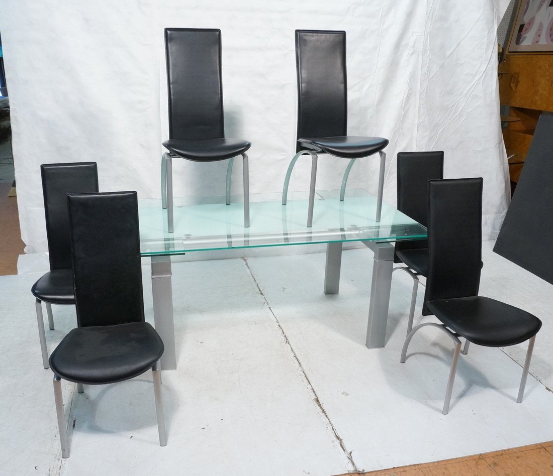 7pc KAISER NEWMAN style Modernist Dining Set. Ref: 7pc KAISER NEWMAN style Modernist Dining Set. Refractory Glass Dining Table. Set of 6 hard leather back Chairs. Not marked -- Dimensions: H: 29.5 inches: D: 39.5 inches: L: 67 inches ---