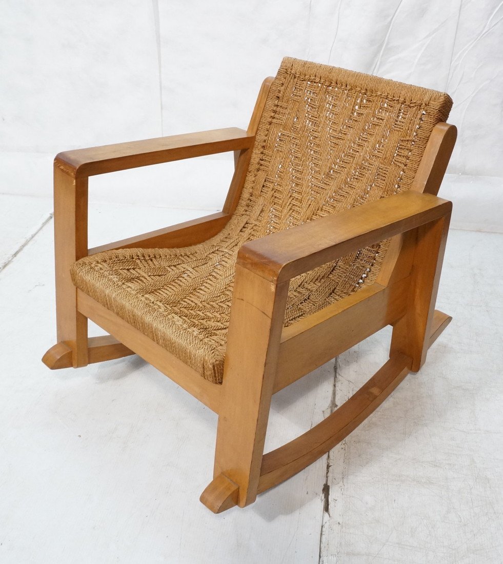Early KNOLL Assoc Inc Rocker Rocking Chair. Woven: Early KNOLL Assoc Inc Rocker Rocking Chair. Woven Sling Seat on Wide Wood Frame. Possible a prototype. Labeled. -- Dimensions: H: 30.5 inches: W: 28 inches: D: 36.5 inches ---