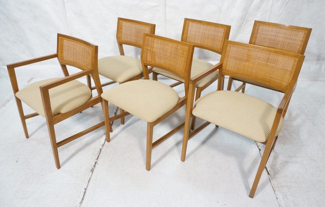 Set 6 EDWARD WORMLEY for DUNBAR Dining Chairs. Tw: Set 6 EDWARD WORMLEY for DUNBAR Dining Chairs. Two Arm & Four Side Chairs. Woven Backs. Upholstered seats on angled wood frames. Rectangular metal tag. -- Dimensions: H: 30.75 inches: W: 21.25 inches: