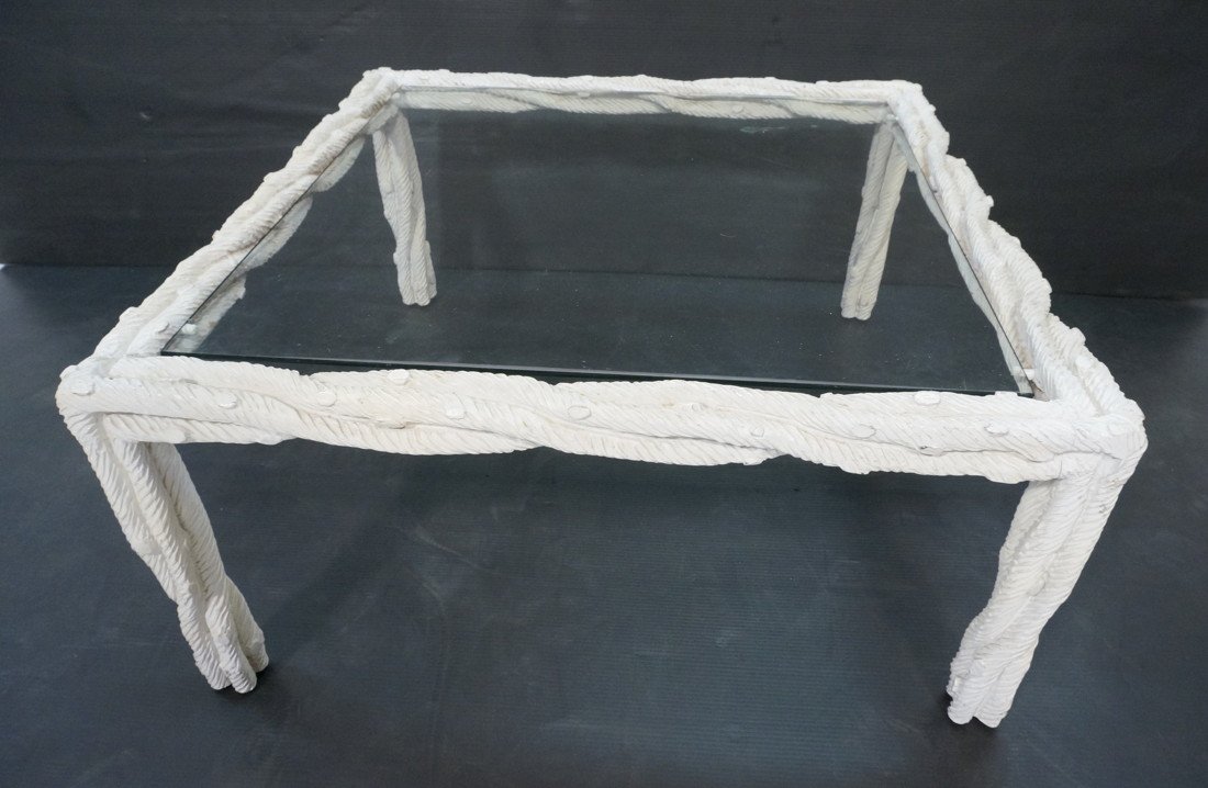 Decorator White Painted Wood Coffee Table. Carved: Decorator White Painted Wood Coffee Table. Carved Twisted Branch Form. Inset Glass Top Cocktail Table. -- Dimensions: H: 17 inches: W: 35 inches: D: 35 inches ---
