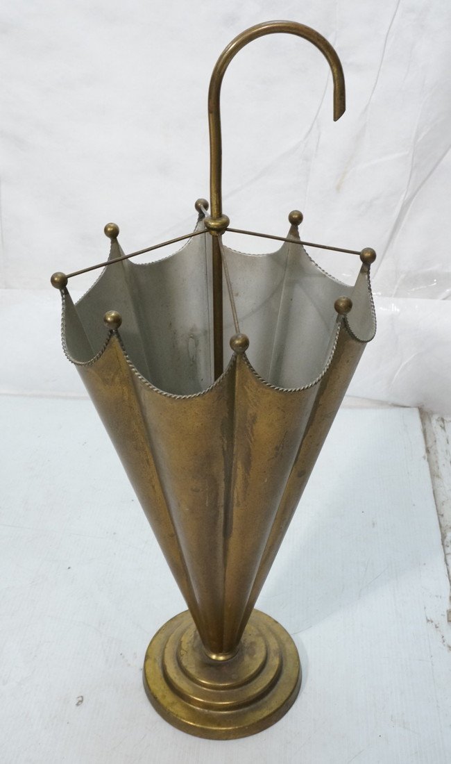 Decorator Modernist Umbrella form stand. Brass. I: Decorator Modernist Umbrella form stand. Brass. Interior painted silver.-- Dimensions: H: 31 inches: W: 13 inches: D: 13 inches ---