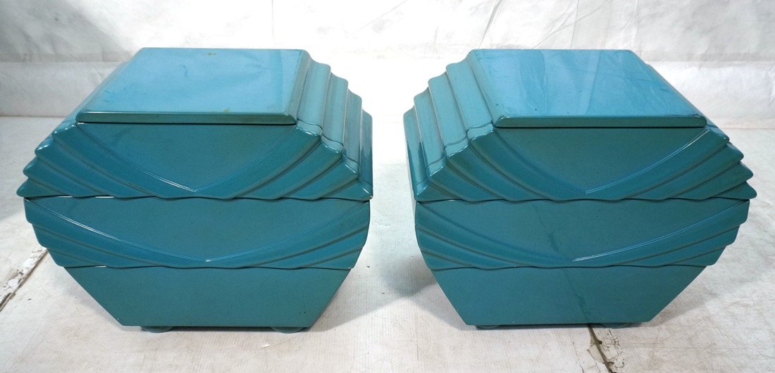 Pr Decorator Blue Lacquer Side Tables Night Stand: Pr Decorator Blue Lacquer Side Tables Night Stands. Three drawers. Shaped Cabinets with wave shell fronts. Not Marked. Matching mirror is marked. -- Dimensions: H: 20 inches: W: 24 inches: D: 13.5 inc