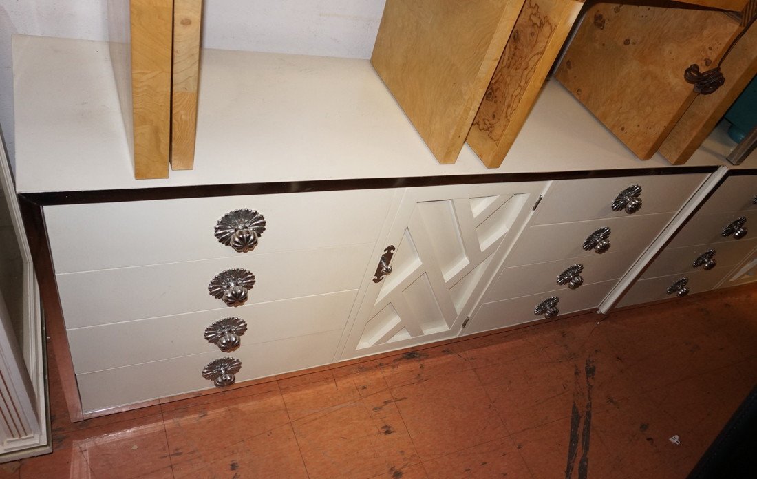 70's Modern White Lacquer Chrome Sideboard Creden: 70's Modern White Lacquer Chrome Sideboard Credenza. 8 Drawers & 1 Door. Large Shiny Chrome Pulls. -- Dimensions: H: 28.5 inches: D: 19 inches: L: 68 inches ---