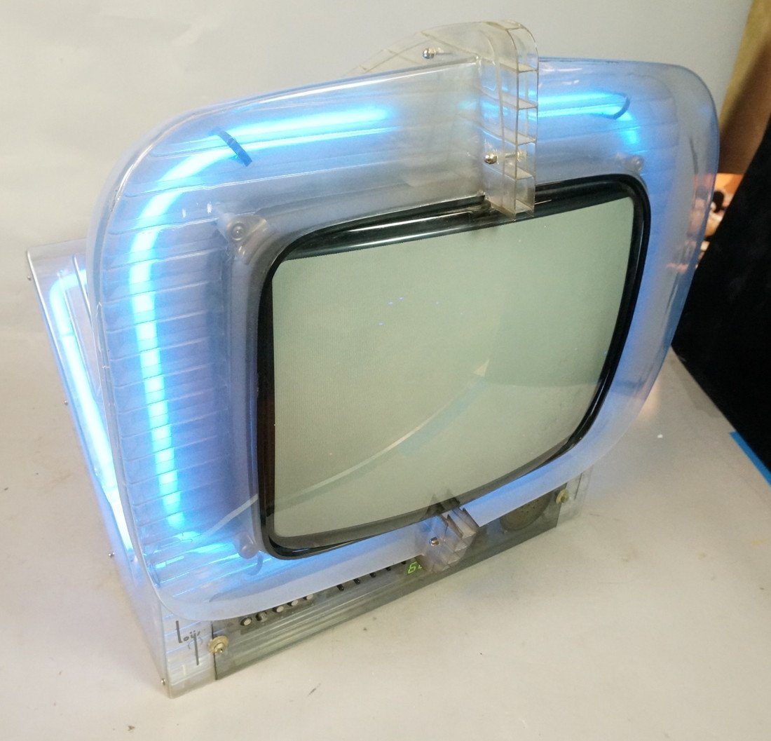 LOYS Modele Depose Vintage TV Television. Neon li: LOYS Modele Depose Vintage TV Television. Neon lights in bottom. -- Dimensions: H: 19 inches: W: 17.5 inches: D: 16 inches ---