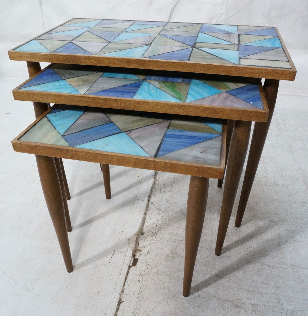 Set 3 Nesting Tables with Stained Glass Inlaid To: Set 3 Nesting Tables with Stained Glass Inlaid Tops.-- Dimensions: H: 18.5 inches: W: 24 inches: D: 14 inches ---
