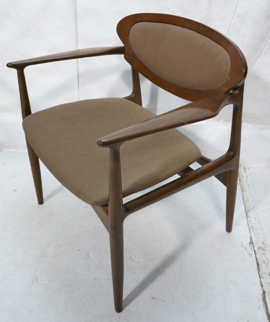Danish Modern SELIG Arm Side Chair. Arched skirt.: Danish Modern SELIG Arm Side Chair. Arched skirt. Paddle arms. Upholstered seat & back. Marked metal tag. -- Dimensions: H: 29 inches: W: 27 inches: D: 21 inches ---