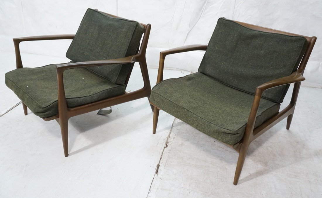 Pr SELIG Modern Danish Dark Teak Lounge Chairs. O: Pr SELIG Modern Danish Dark Teak Lounge Chairs. Open Arms. Green fabric upholstery. Metal tag.-- Dimensions: H: 27 inches: W: 28 inches: D: 29 inches ---