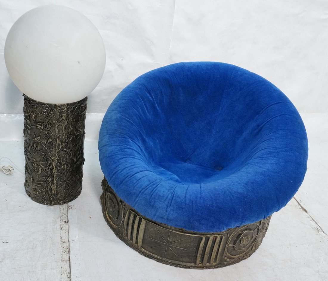 2pc PAUL EVANS style Round Lounge Chair and Floor: 2pc PAUL EVANS style Round Lounge Chair and Floor Lamp. Chair has blue upholstery. Glass shade on lamp. Adrian Pearsall.-- Dimensions: ---