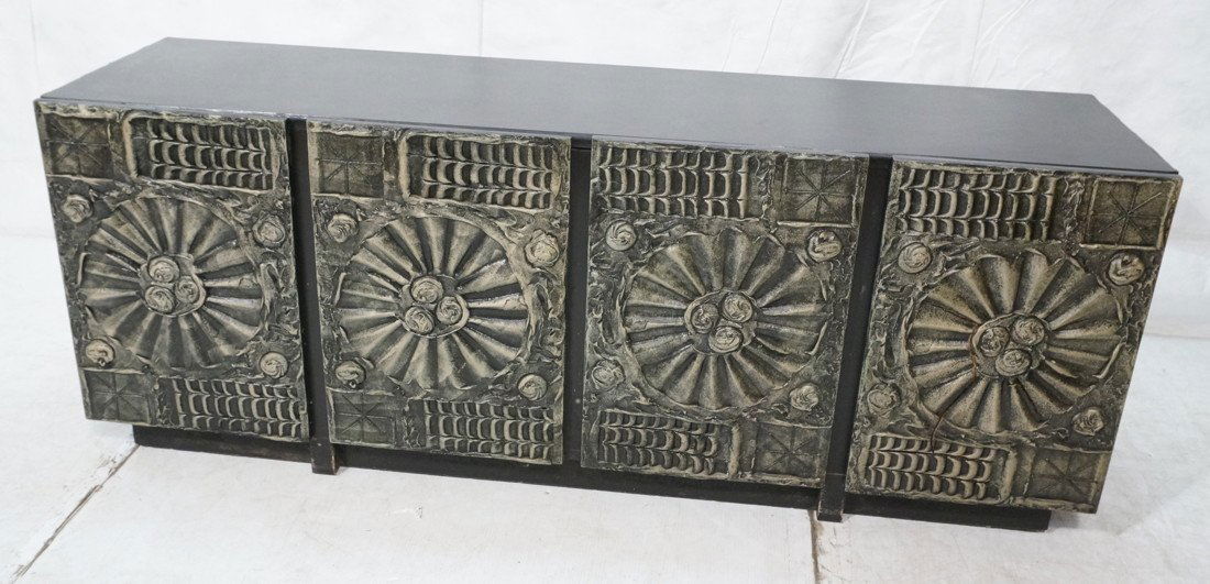PAUL EVANS Style Brutalist Credenza Sideboard. Te: PAUL EVANS Style Brutalist Credenza Sideboard. Textured Finish on cabinet with four doors. Adrian Pearsall-- Dimensions: H: 26 inches: W: 68 inches: D: 18 inches ---