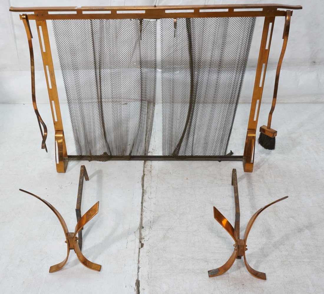 Copper DONALD DESKEY style Fireplace Screen, Andi: Copper DONALD DESKEY style Fireplace Screen, Andirons & Tools. Two tools hang from fire screen. -- Dimensions: H: 31.25 inches: W: 46 inches: D: 5 inches ---