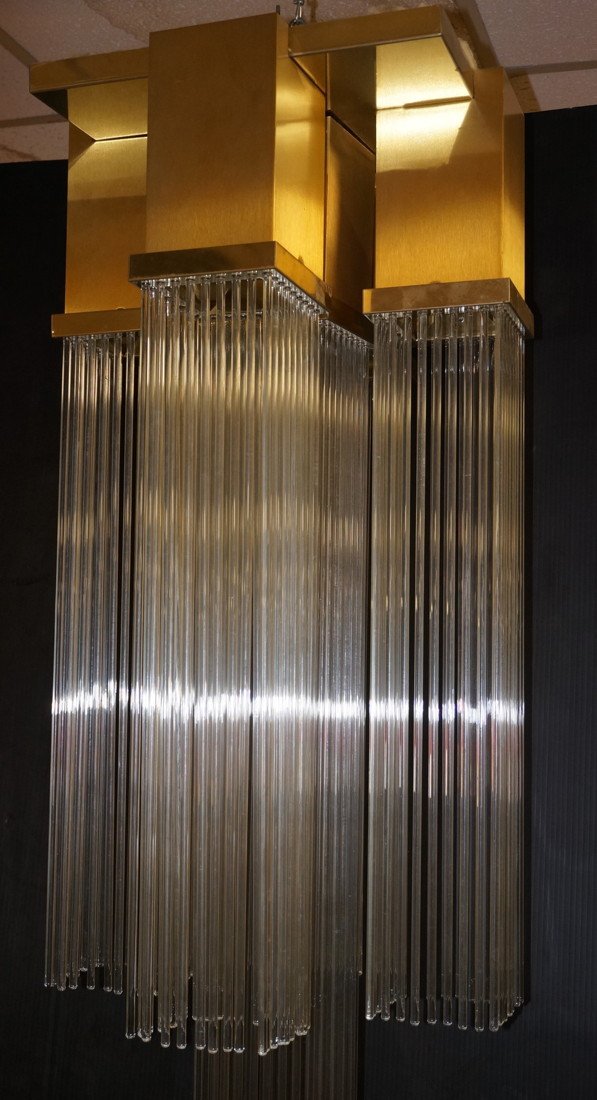 LIGHTOLIER Sciolari style Hanging Chandelier. Gla: LIGHTOLIER Sciolari style Hanging Chandelier. Glass Rods dangle form brass top. Has original Lightolier box for rods.-- Dimensions: H: 40 inches: W: 17 inches: D: 17 inches ---