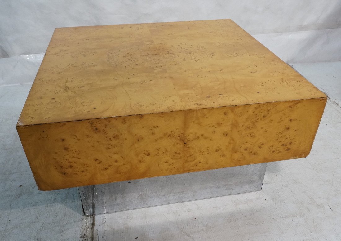 MILO BAUGHMAN Burl Wood Square Coffee Table. Rece: MILO BAUGHMAN Burl Wood Square Coffee Table. Recessed Chrome Base Cocktail Table. Not marked.-- Dimensions: H: 16 inches: W: 30 inches: D: 30 inches ---