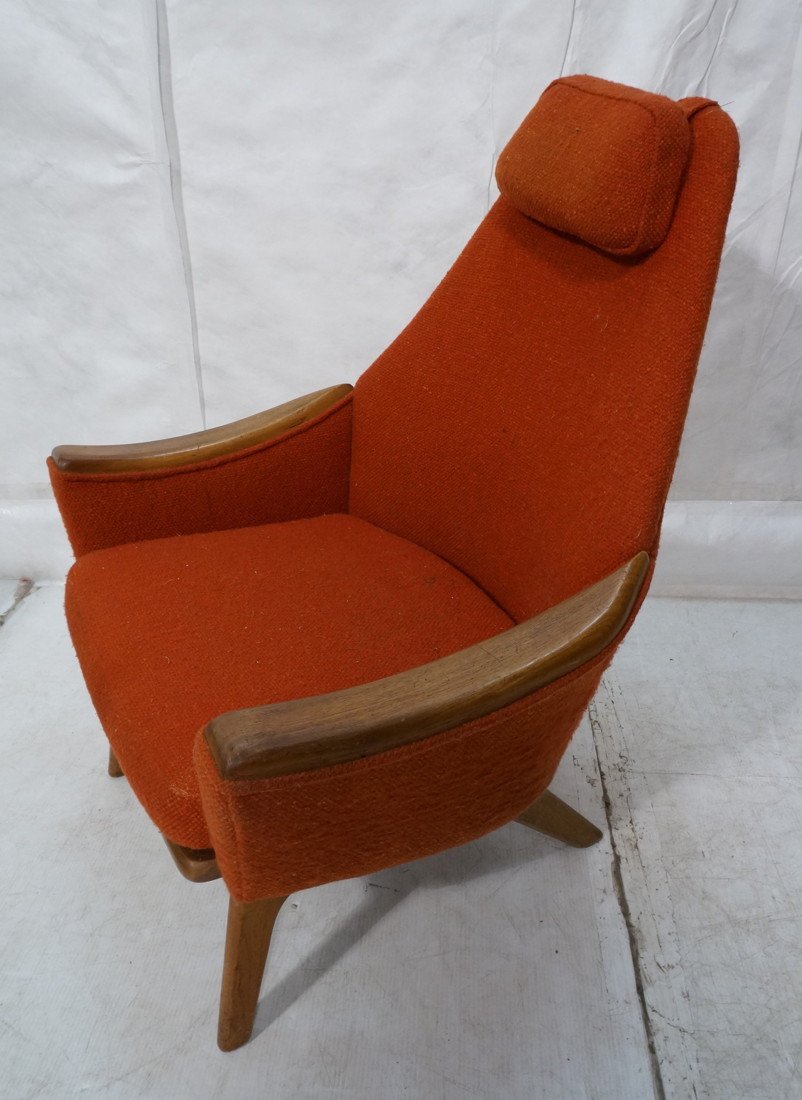 Orange ADRIAN PEARSALL style Arm Lounge Chair. Hi: Orange ADRIAN PEARSALL style Arm Lounge Chair. High Back with Head Pillow. Wood Frame & Arm Rests. Not marked-- Dimensions: H: 38 inches: W: 30 inches: D: 27 inches ---
