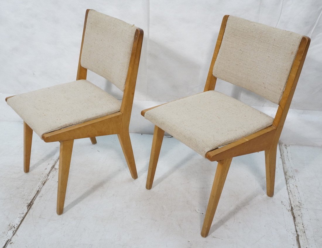 Pr KNOLL Assoc American Modern Wood Side Chairs.: Pr KNOLL Assoc American Modern Wood Side Chairs. Oatmeal fabric seat & back. Knoll sticker. -- Dimensions: H: 31 inches: W: 17.5 inches: D: 19 inches ---