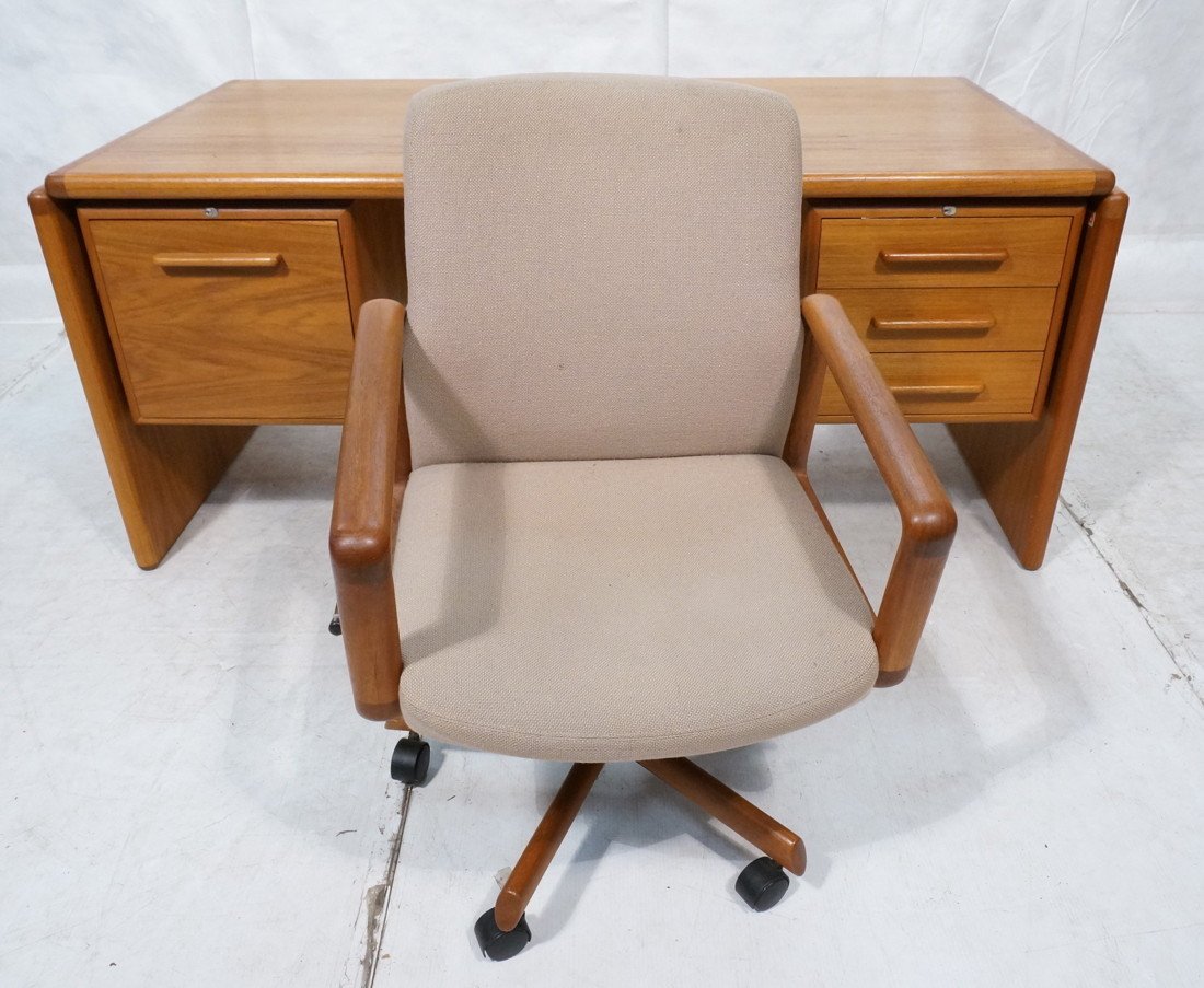 Large DYRLUND Danish Teak Modern Desk. Office Cha: Large DYRLUND Danish Teak Modern Desk. Office Chair. 3 small drawers and large file drawer. Marked Dyrlund Denmark-- Dimensions: H: 29 inches: W: 64 inches: D: 33 inches ---