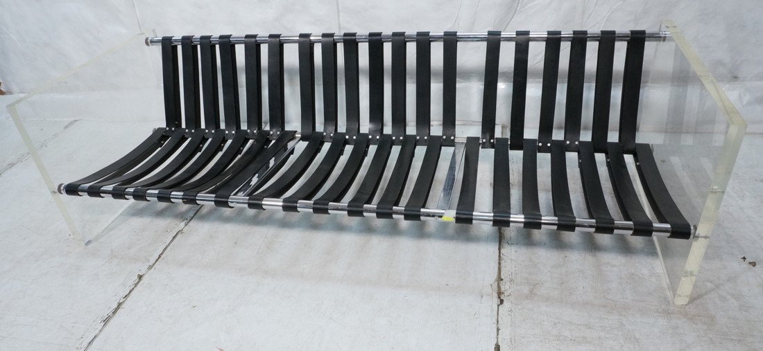 MILO BAUGHMAN Lucite Chrome Couch Sofa. Thick luc: MILO BAUGHMAN Lucite Chrome Couch Sofa. Thick lucite sides/arms with thick chrome tube frame. Black leather straps. -- Dimensions: H: 24.5 inches: D: 32 inches: L: 85 inches ---