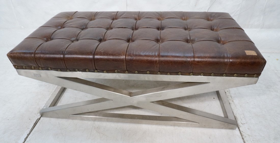 Modernist Tufted Bench. Aluminum "X" Base. Brown: Modernist Tufted Bench. Aluminum "X" Base. Brown Leather Top. Stud details-- Dimensions: H: 20 inches: W: 4548 inches: D: 25 inches ---