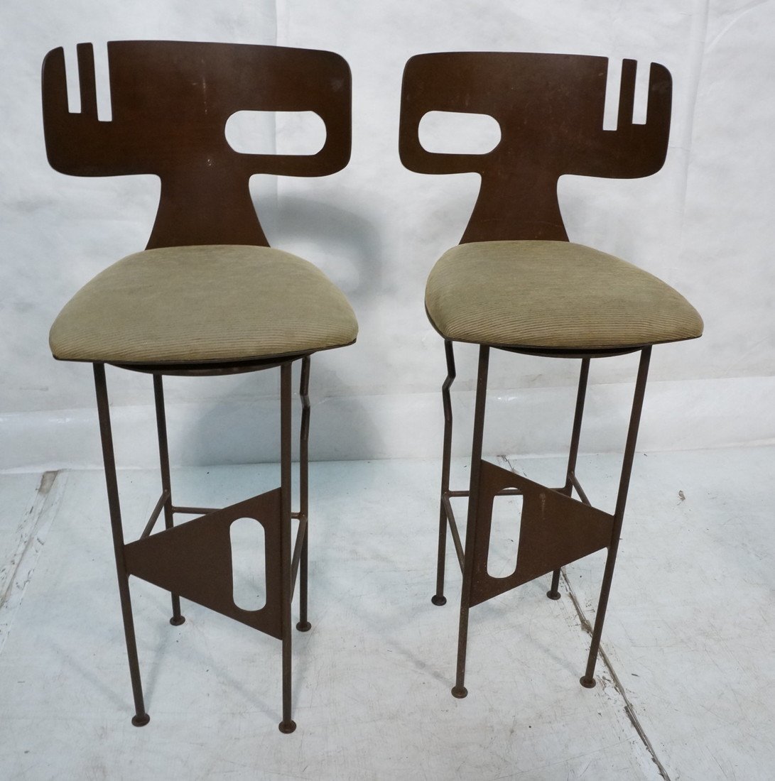 Pr Metal Artisan style Bar Stools with swivel sea: Pr Metal Artisan style Bar Stools with swivel seats. Decorative backs.-- Dimensions: H: 46 inches: W: 20 inches: D: 21 inches ---