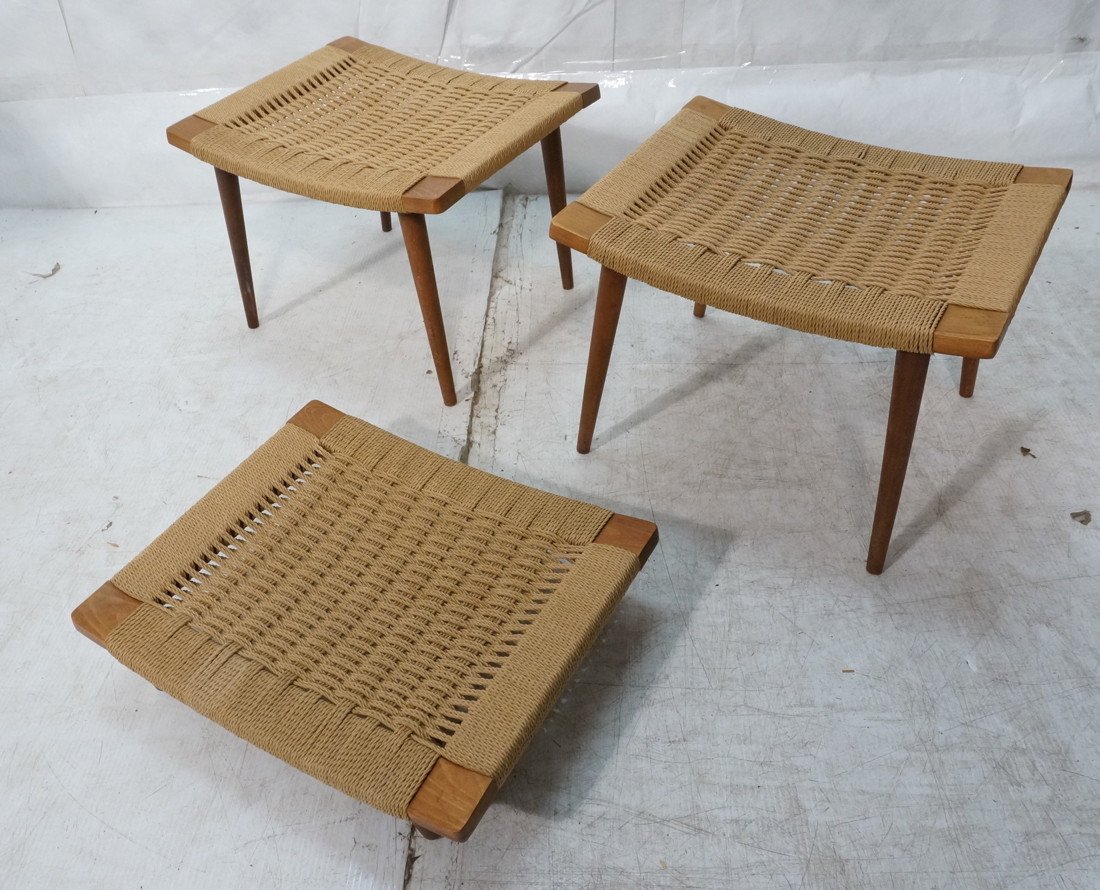 3pc AFM Japan Woven Rush Stools. Two matching on: 3pc AFM Japan Woven Rush Stools. Two matching on peg legs. One lower one with replaced legs. Marked-- Dimensions: H: 13 inches: W: 19 inches: D: 15 inches ---