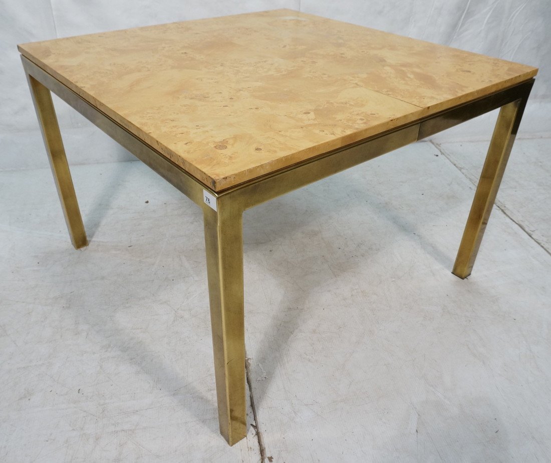 MILO BAUGHMAN style Burled Wood Dining Table. Squ: MILO BAUGHMAN style Burled Wood Dining Table. Square Burled Top on Square Brass Frame & Legs. Not marked-- Dimensions: H: 29.5 inches: W: 42 inches: D: 42 inches ---