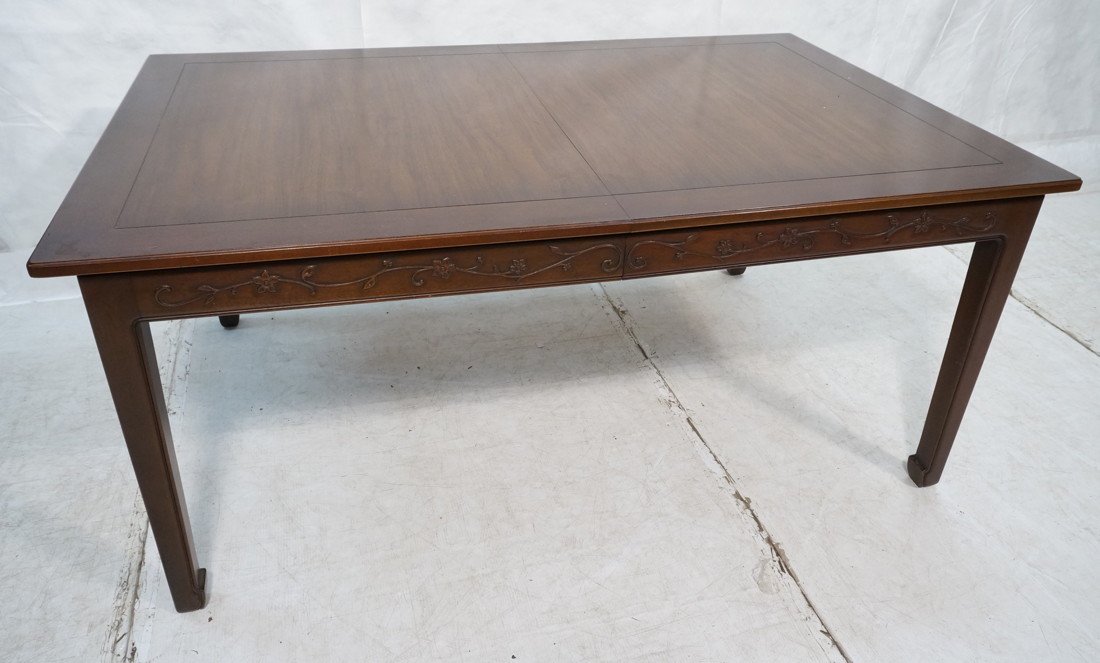 Carved Mahogany HENREDON Dining Table. Floral Car: Carved Mahogany HENREDON Dining Table. Floral Carved Sides. Two 18" leaves. Branded.-- Dimensions: H: 29 inches: W: 66 inches: D: 42 inches ---