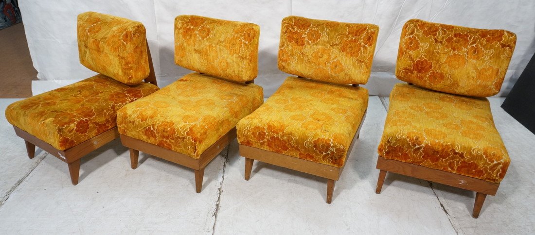 4pc Oak Framed Lounge Chairs. Deep Seats. Plush O: 4pc Oak Framed Lounge Chairs. Deep Seats. Plush Orange & Gold Fabric Upholstery. Raised on Peg Legs. Marked UNIDAPT. -- Dimensions: H: 32 inches: W: 24 inches: D: 33 inches ---