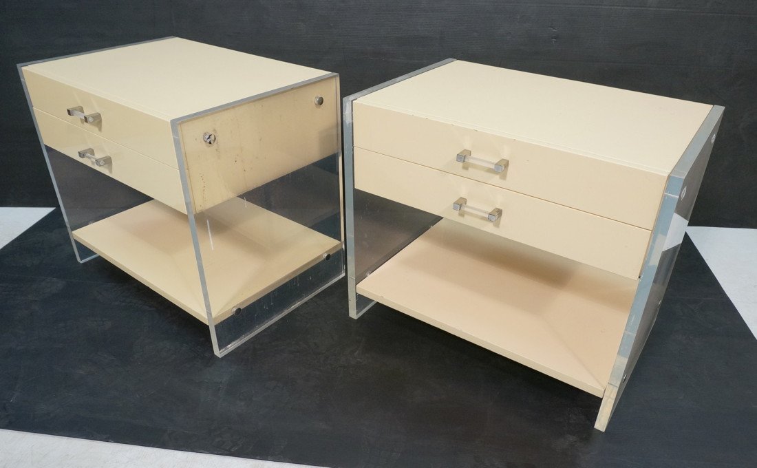 Pr KARL SPRINGER style Lucite & Lacquered Night S: Pr KARL SPRINGER style Lucite & Lacquered Night Stands. 1" thick Lucite slabs support 2 drawer lacquer cabinets with lower shelf. End Tables. Not marked.-- Dimensions: H: 26 inches: W: 30.25 inches: D