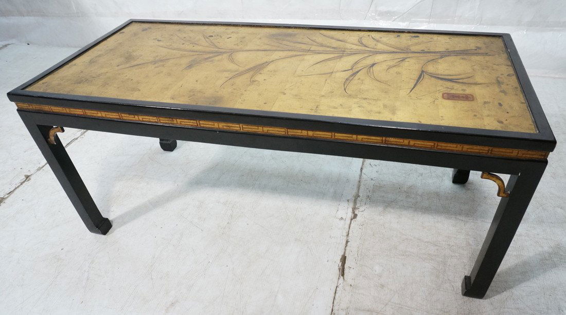 Black Lacquer Coffee Table. Top paint decorated w: Black Lacquer Coffee Table. Top paint decorated with Asian Design. Asian corner details. -- Dimensions: H: 20 inches: W: 47 inches: D: 21.5 inches ---