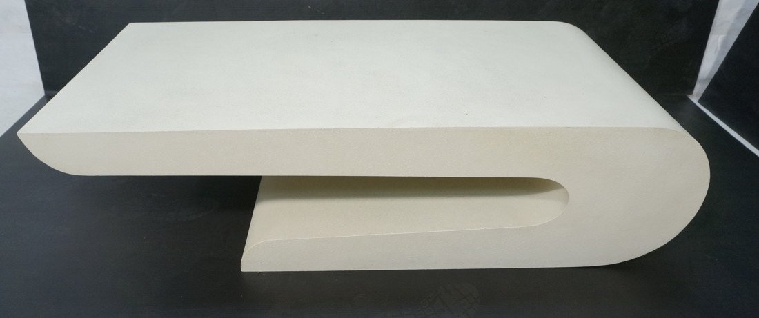 KARL SPRINGER style Lacquered Coffee Table. Cream: KARL SPRINGER style Lacquered Coffee Table. Cream colored textured finish. Not marked. -- Dimensions: H: 15 inches: W: 55 inches: D: 24 inches ---