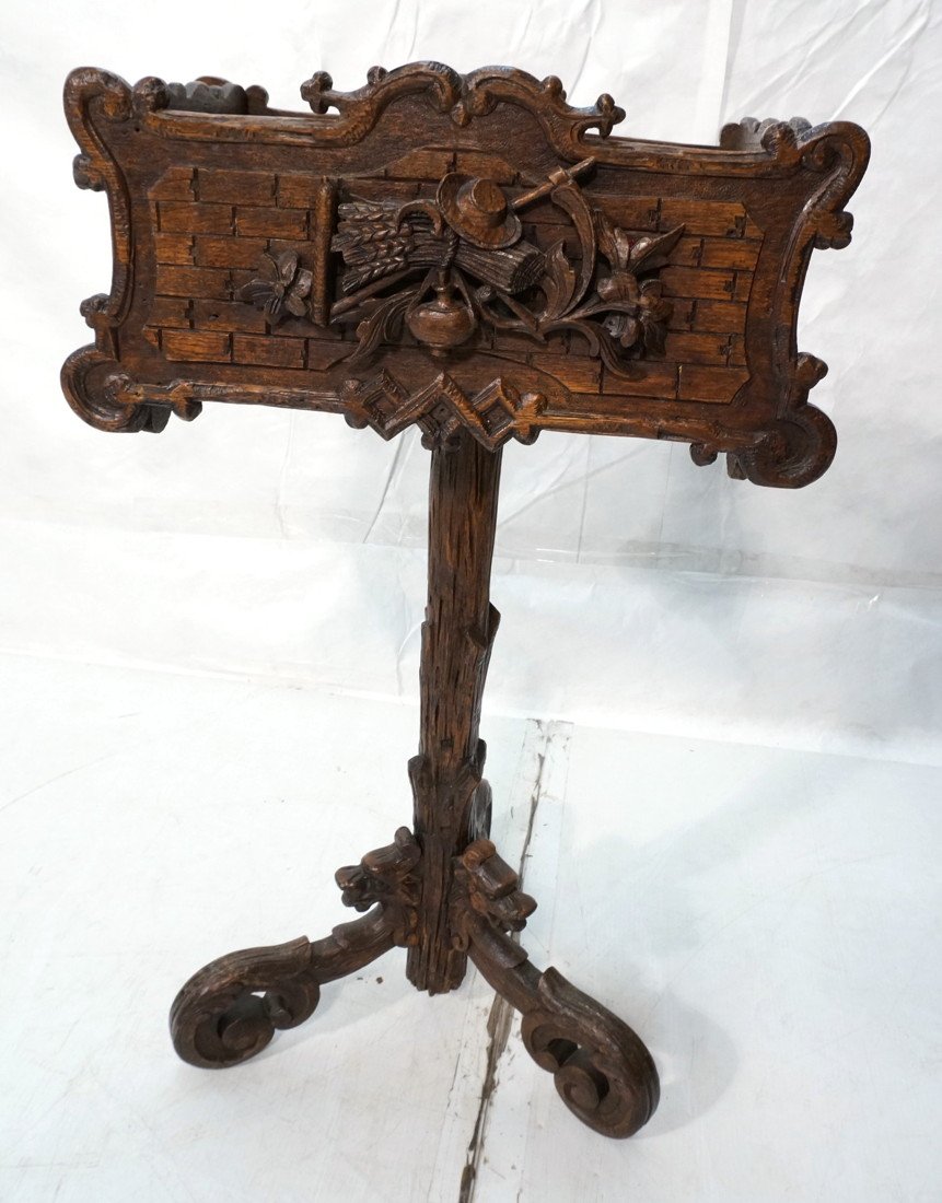 Antique Black Forest Plant Stand. Carved Wood Pl: Antique Black Forest Plant Stand. Carved Wood Planter Box on Carved Tripod Base. Griffin Carved. -- Dimensions: H: 34 inches: W: 21 inches: D: 19 inches ---
