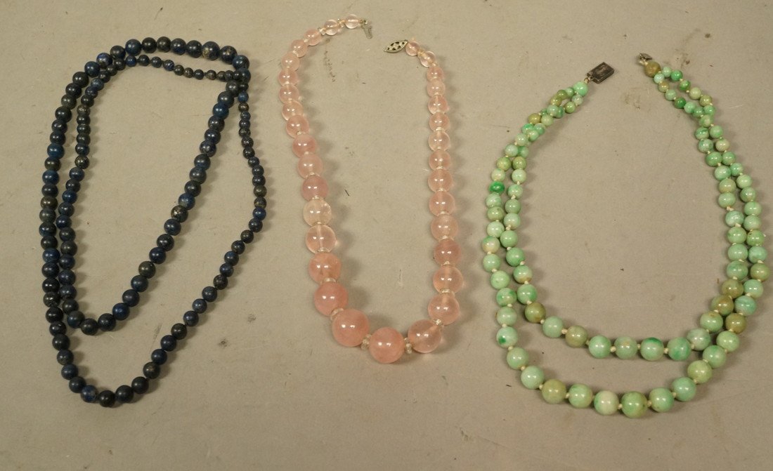lot 3 bead necklaces 1) lapis or sodalite graduat: lot 3 bead necklaces 1) lapis or sodalite graduated beads. 2) short rose quartz and crystal beads. 3) double strand graduated jade beads with sterling clasp.-- Dimensions: : L: 32 inches --- US Shippi
