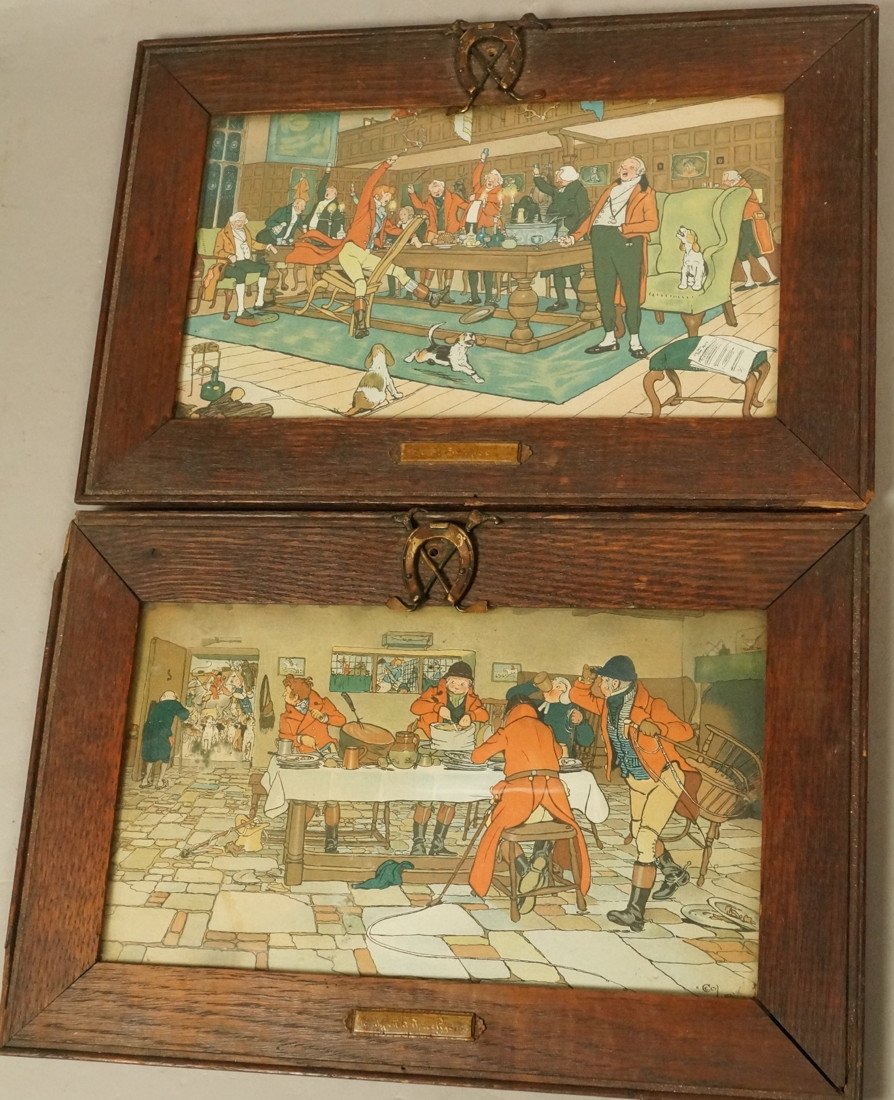 Pr CECIL ALDIN Riding Hunt Equestrian Prints. Ant: Pr CECIL ALDIN Riding Hunt Equestrian Prints. Antique Oak Frames with gesso Horse Shoes & riding crops. "Hunt Supper". "Breakfast at Three Pigeons". Both titled in gesso trim. Prints marked Cecil Aldi