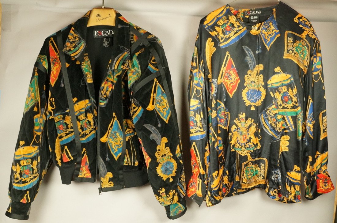 2pc ESCADA Silk Blouse. Velvet Quilted Jacket. Bl: 2pc ESCADA Silk Blouse. Velvet Quilted Jacket. Black background with flags, coats of arms & drums. Blouse 100% Silk. Zip front Quilted Velvet Jacket Size 42. Both labeled-- Dimensions: --- US Shipping